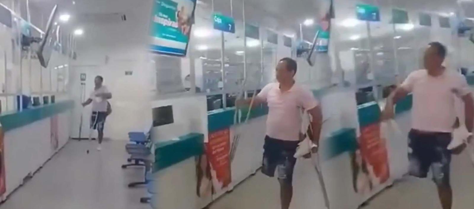 Momentos en que el paciente causa los destrozos en la droguería Cafam. 