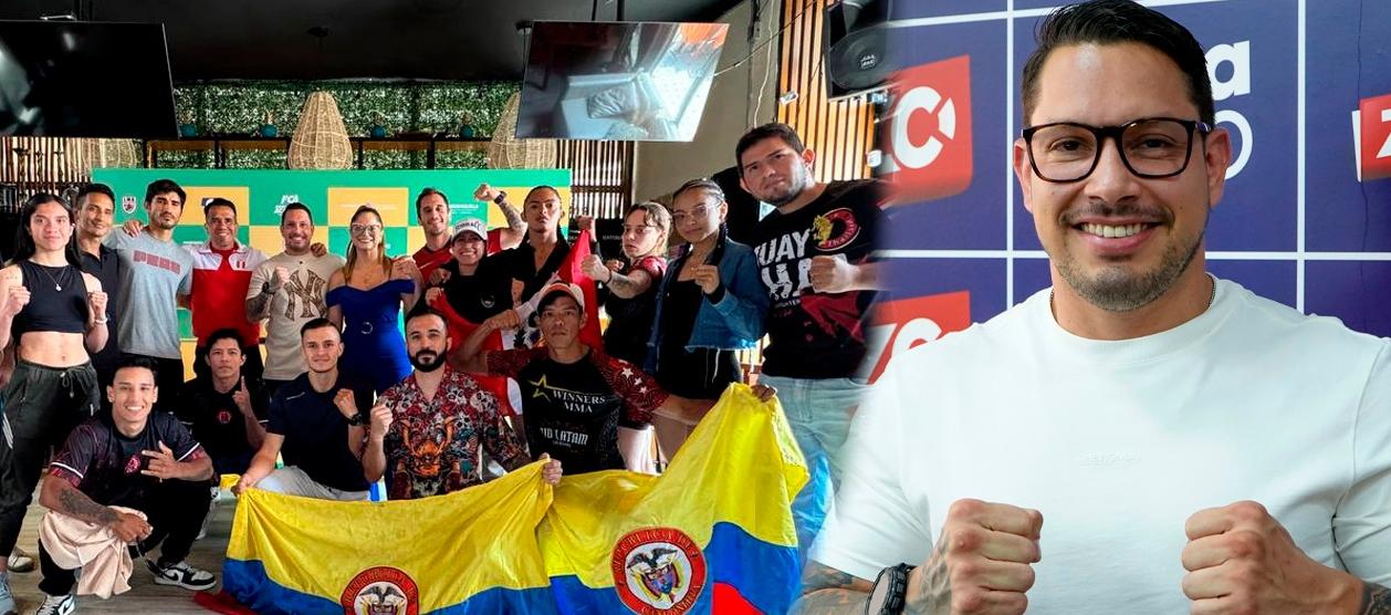 Grupo de participantes en la cartelera y Luis Eduardo Banoy, presidente de la Liga de muay thai del Atlántico.