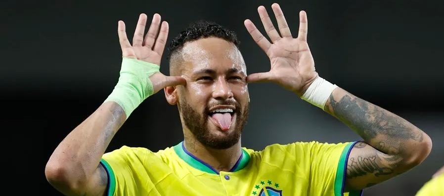 Neymar celebrando un gol con la selección brasileña en 2023.