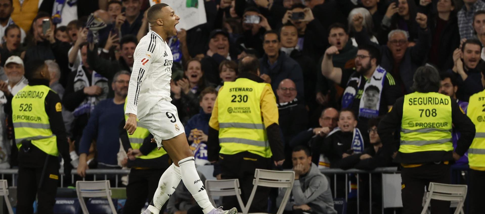 Kylian Mbappé celebrando el gol que le dio la victoria al Real Madrid.