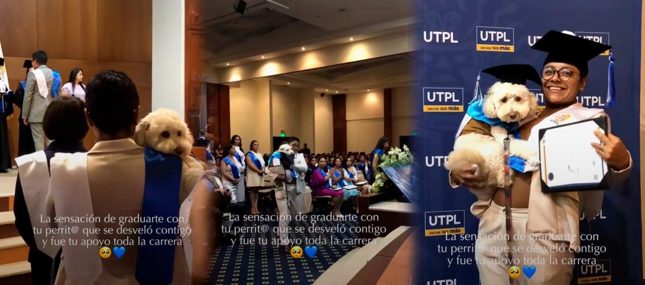 Imágenes de la joven recibiendo el diploma junto a su mascota. 