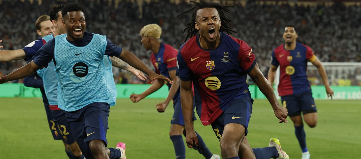Jules Koundé canta el gol que marcó para darle la victoria y el título de la Copa del Rey al Barcelona. 