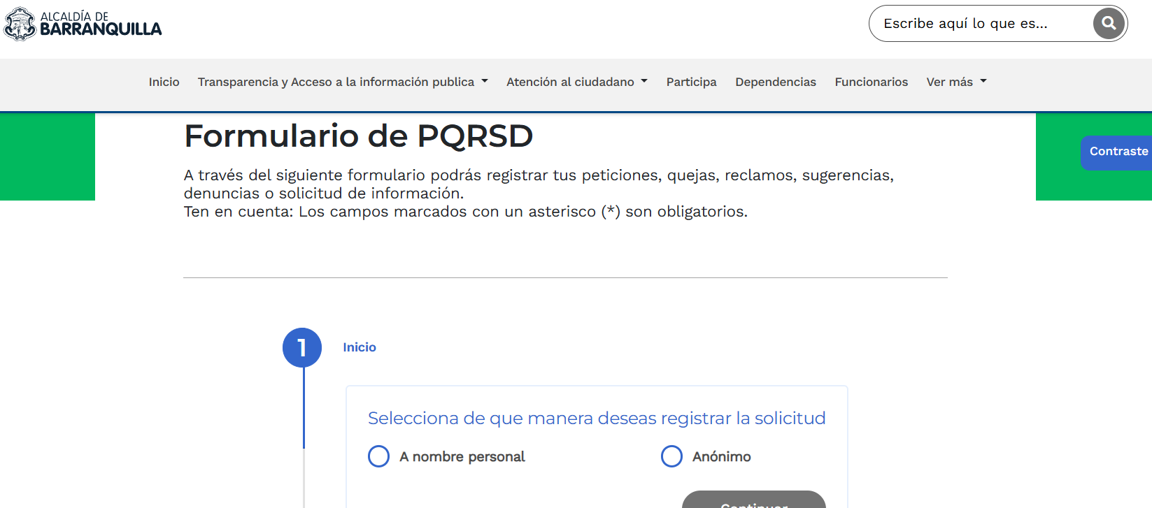 Formulario PQRSD del Distrito de Barranquilla.