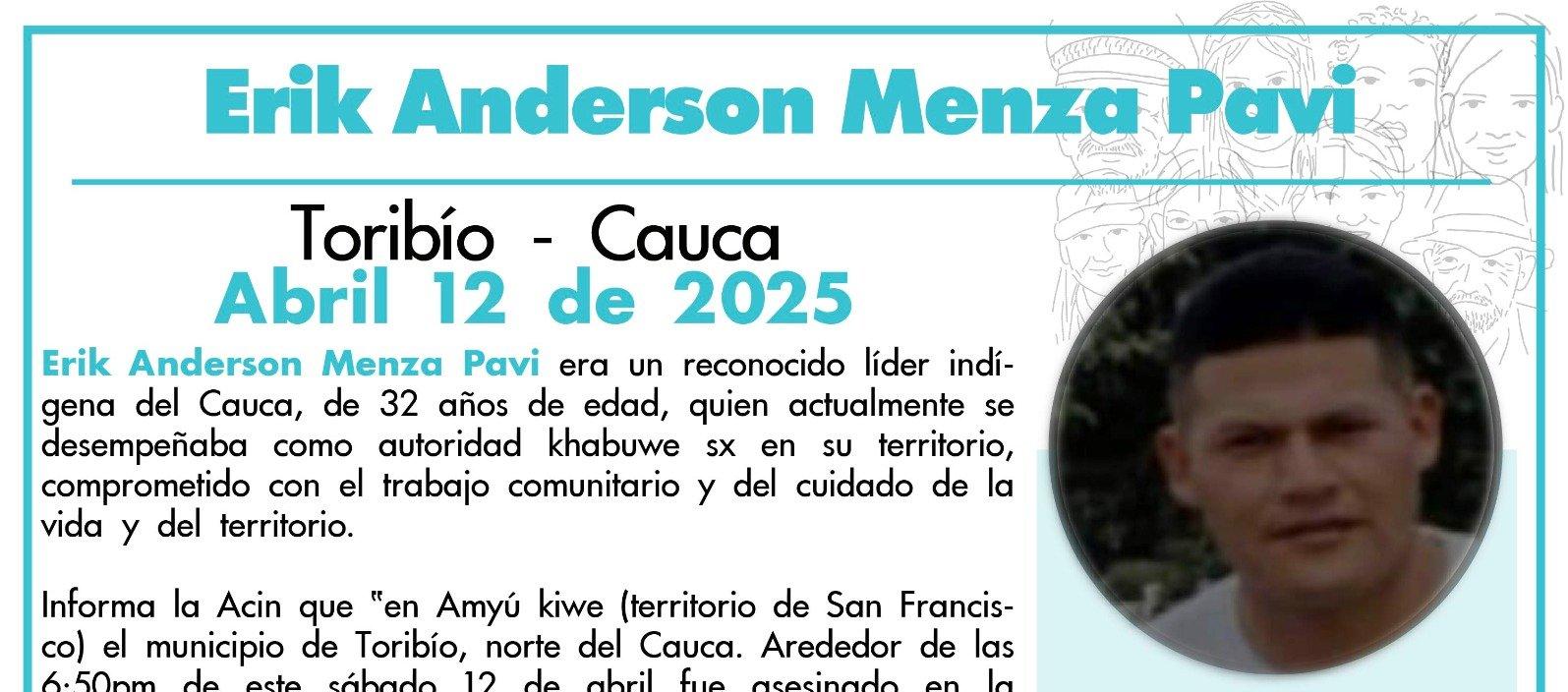 El líder y autoridad indígena Erik Ánderson Menza Pavi.