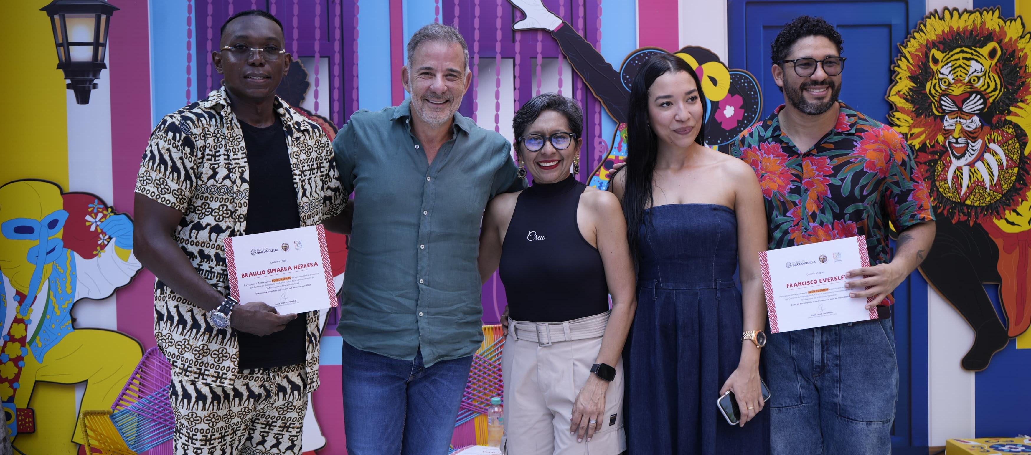 Braulio Simarra, bailarín; Juan José Jaramillo, gerente de Carnaval S.A.S.; Vianny Pérez, periodista, Andrea Bedoya, escritora; Francisco Eversley, historiador
