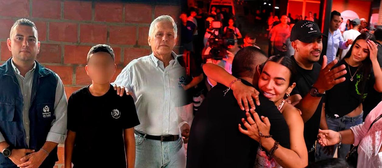 El niño Lyan José Hortúa con funcionarios de la Defensoría / Familiares del pequeño celebrando la liberación. 