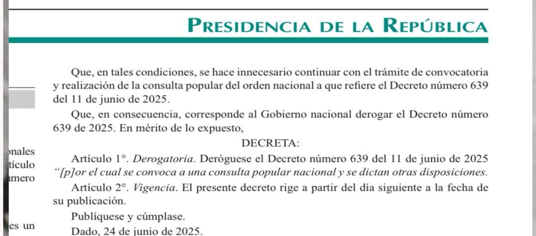 El Gobierno derogó el decreto que convocada a consulta popular al pueblo colombiano. 