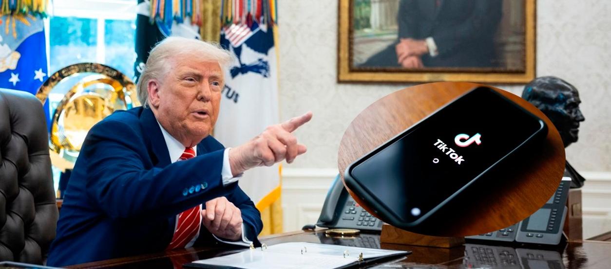 El Presidente de Estados Unidos, Donald Trump/ Logo de la aplicación TikTok en la pantalla de un teléfono.