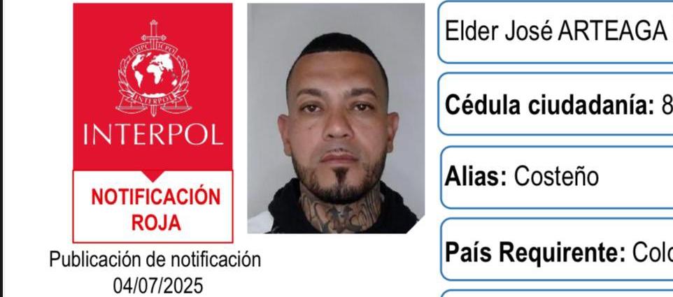 Circular roja de la Interpol contra alias 'El Costeño'.