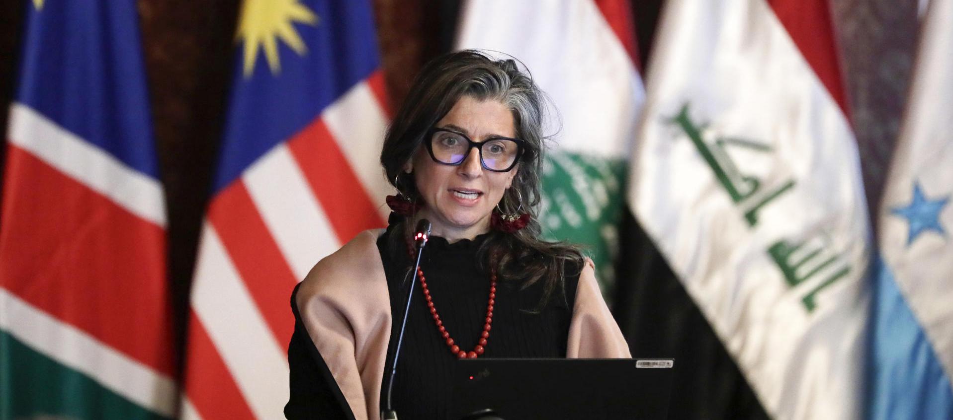 La relatora especial de la ONU para Palestina, Francesca Albanese, durante la instalación de la cumbre ministerial de emergencia del Grupo de La Haya.