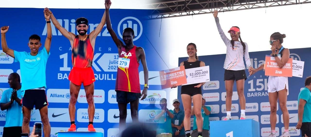 Jenifer Rocío Rodríguez Rojas y Andrés Felipe Cáceres Obando, ganadores de la 15K.