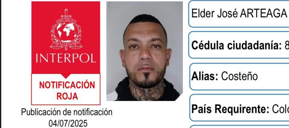 Circular roja de la Interpol de alias 'El Costeño'.