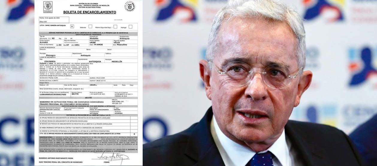 Álvaro Uribe Vélez con su boleta de encarlamiento