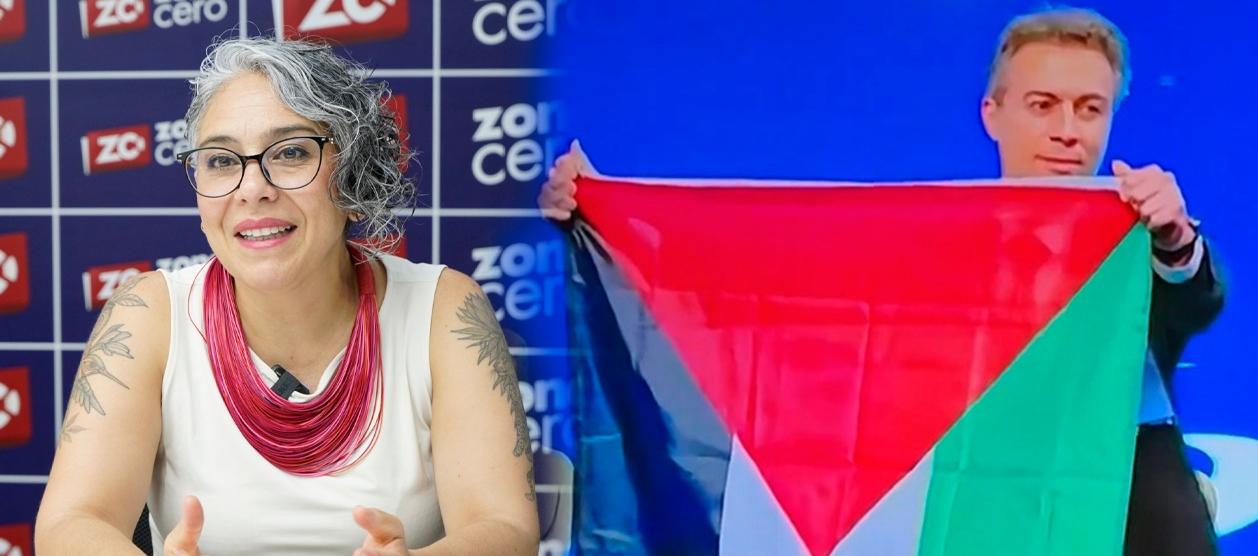 María José Pizarro y Daniel Quintero Calle con la bandera palestina en el Congreso de la Andi.