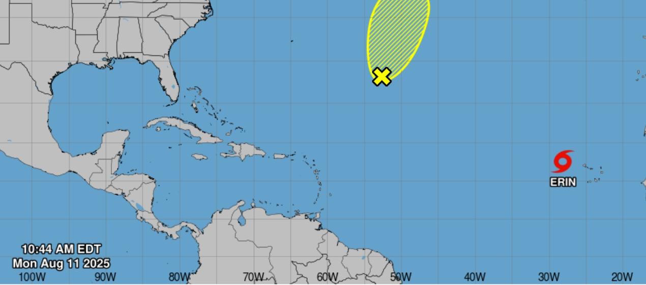 Lugar donde se encuentra actualmente la tormenta Erin en el Océano Atlántico. 