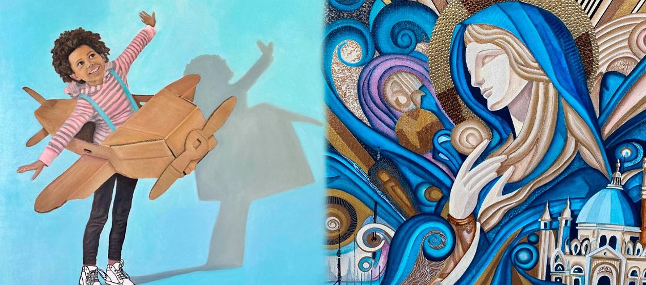 Obras de las artistas Lissete Pinedo Barvo y Adriana Vallejo que serán exhibidas en esta colectiva.