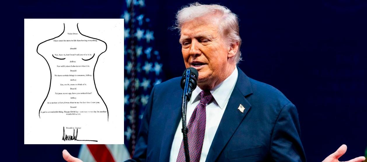 Presidente Donald Trump y el dibujo dedicado a Jeffrey Epstein.