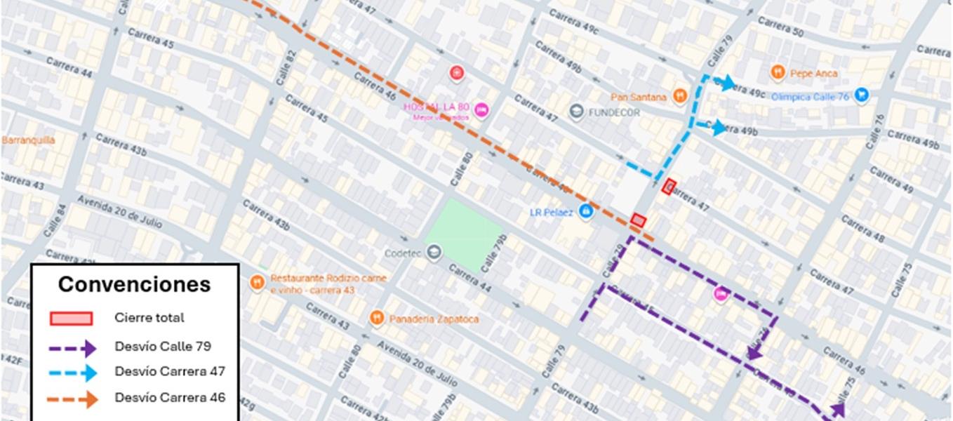 Mapa del cierre vial en Barranquilla.