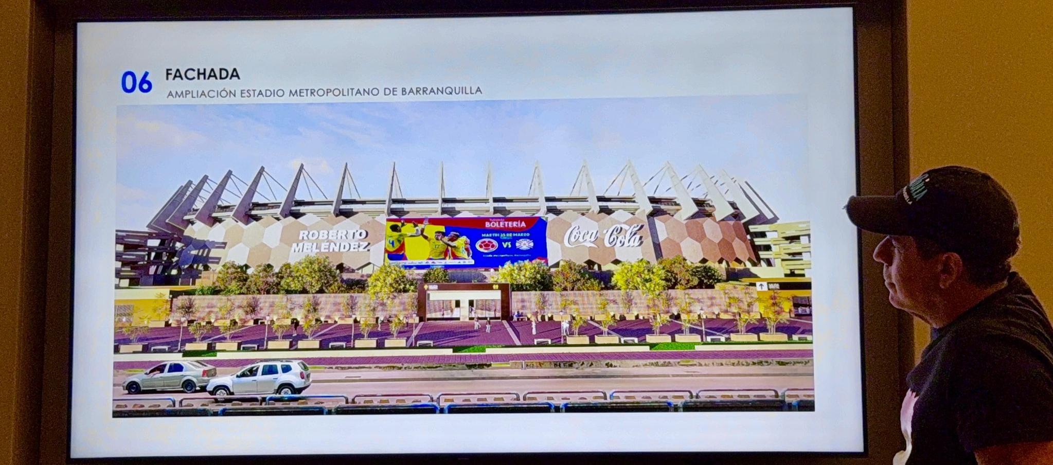El alcalde Alejandro Char mostrando la que será la nueva fachada del estadio.