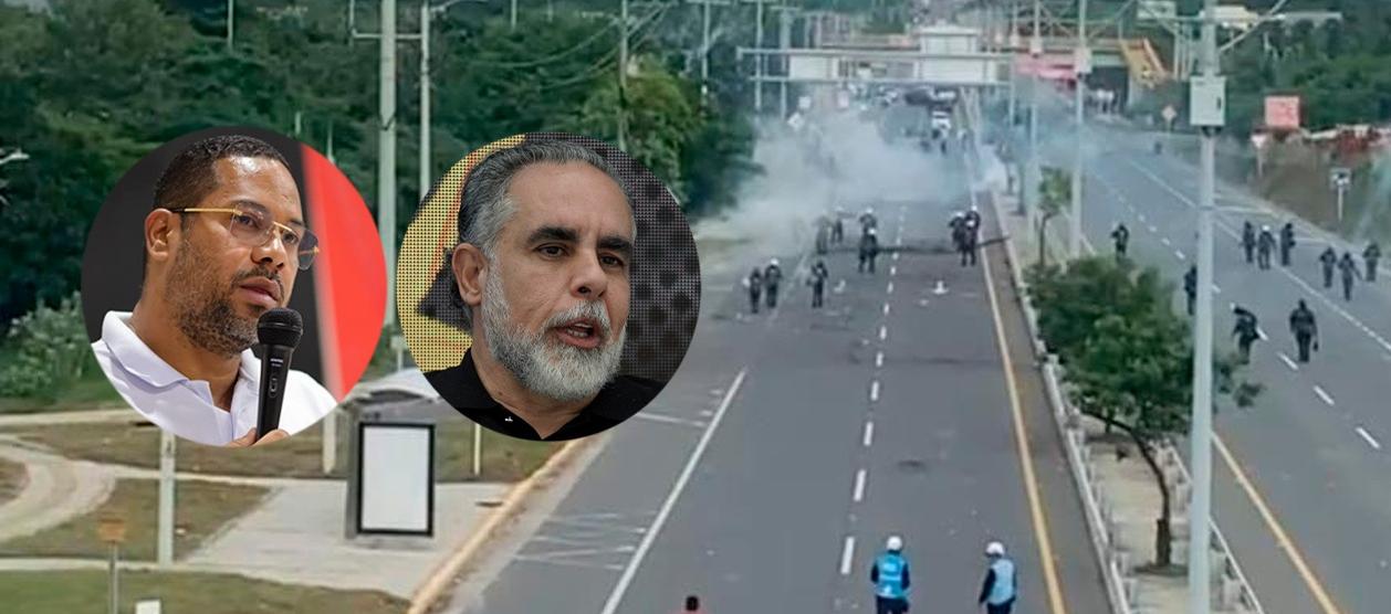 El rector de UniAtlántico, Leyton Barrios, el Ministro del Interior, Armando Benedetti y la protesta de este jueves.