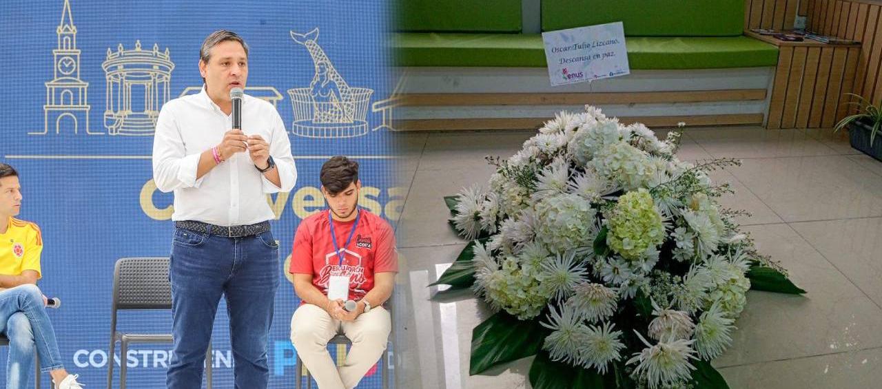 Mauricio Lizcano y la corona fúnebre que llegó a su sede en Manizales.