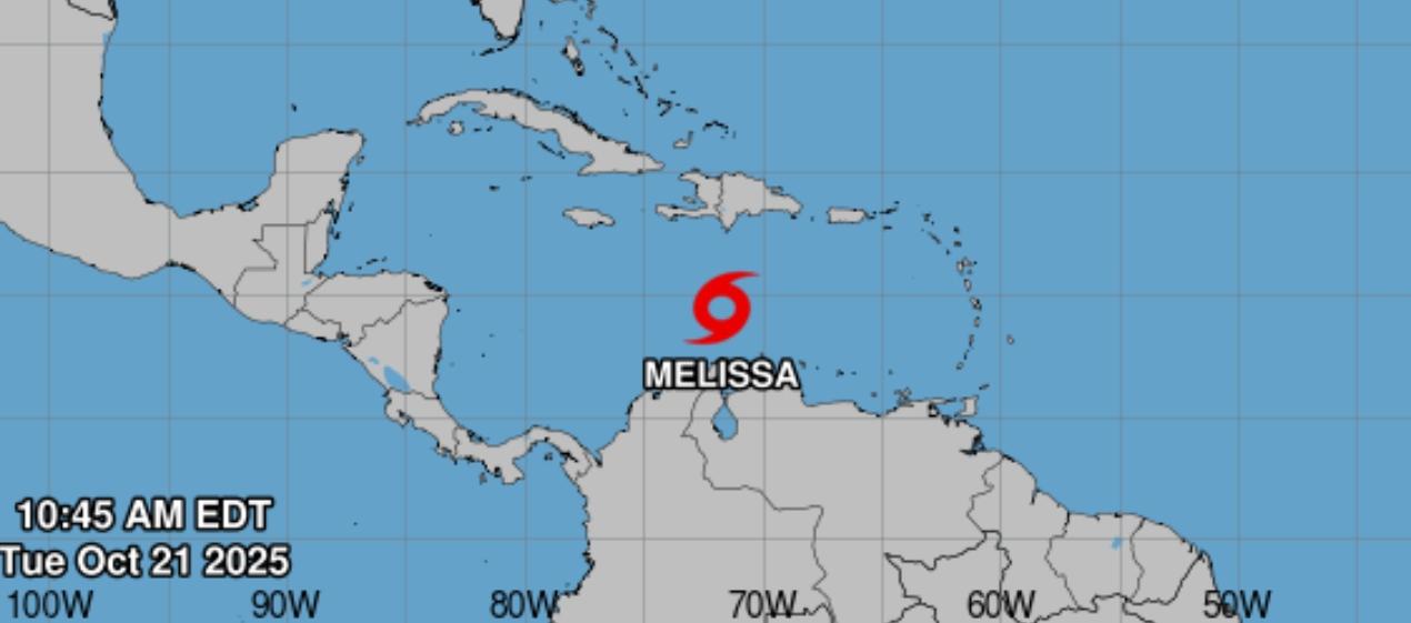Lugar donde se encuentra en este momento el centro de la tormenta tropical Melissa. 