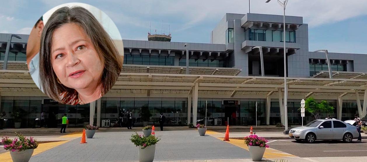 Fachada del aeropuerto Ernesto Cortissoz y la ministra María Fernanda Rojas (círculo).