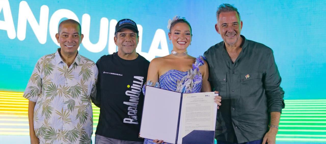 Juan Ospino, secretario de cultura y patrimonio; Alcalde Alejandro Char, la reina Michelle Char y Juan José Jaramillo, gerente de Carnaval de Barranquilla S.A.S