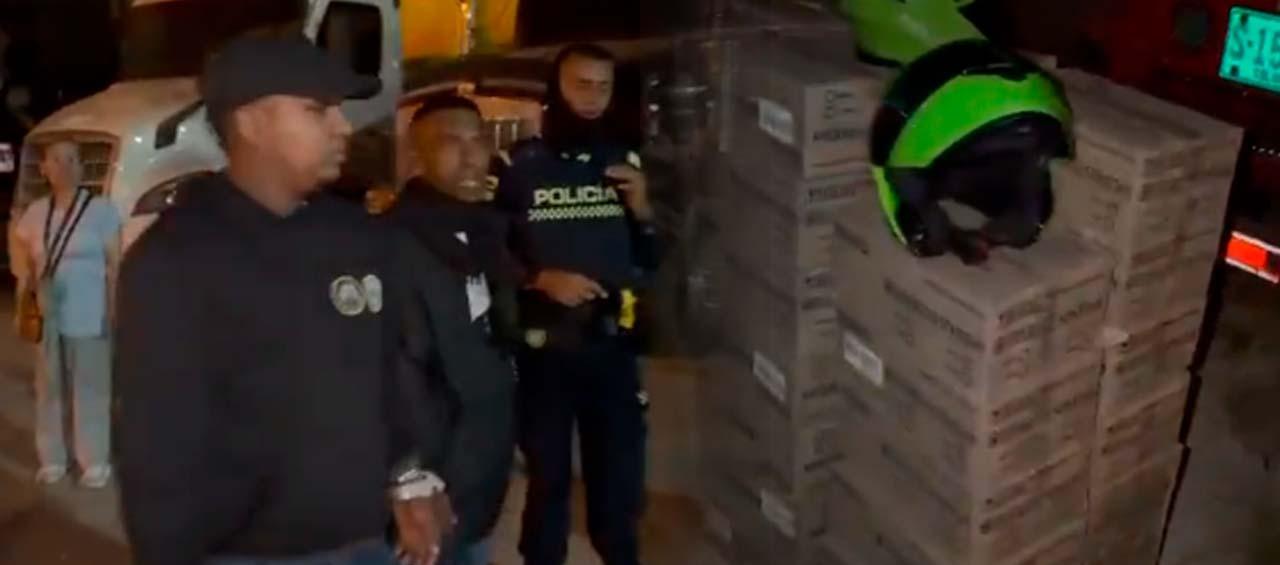 Los presuntos ladrones y la mercancía de la tractomula.