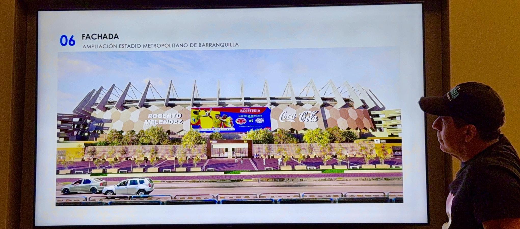 El alcalde Alejandro Char y la fachada que presentará el estadio Metropolitano tras su remodelación.