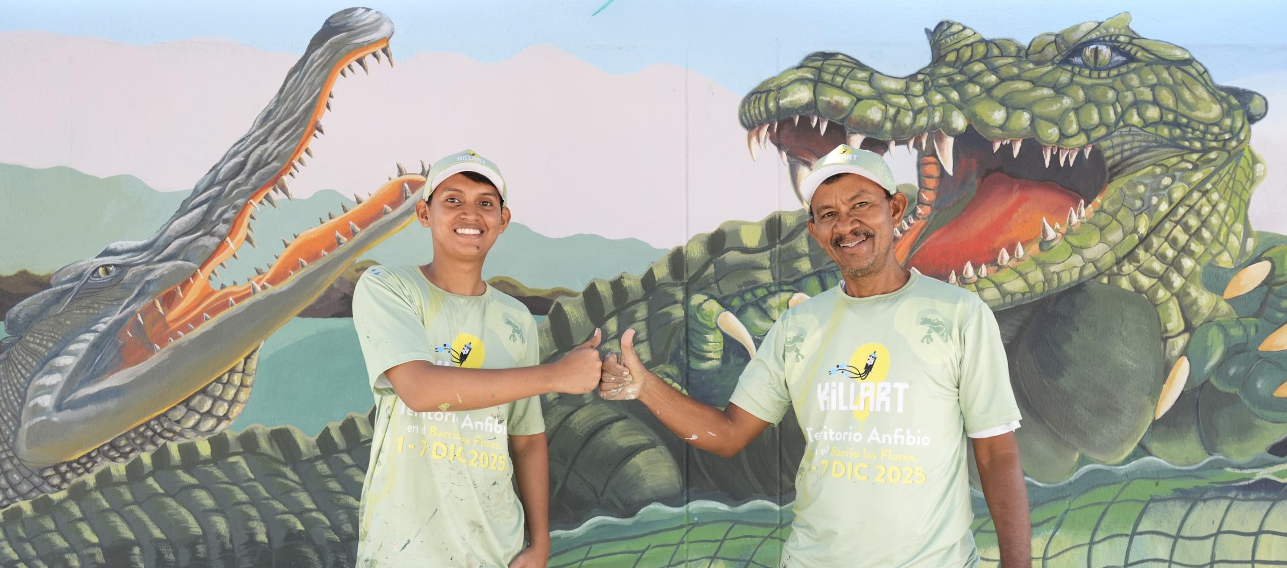 Padre hijo, artistas del barrio Las Flores. 