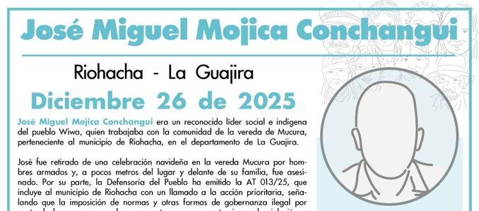 José Miguel Mojica Conchangui fue asesinado el día anterior por hombres armados.