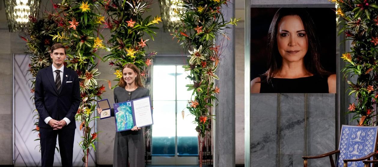 Ana Corina Sosa, hija de María Corina Machado, tras recibir el Premio Nobel de la Paz.