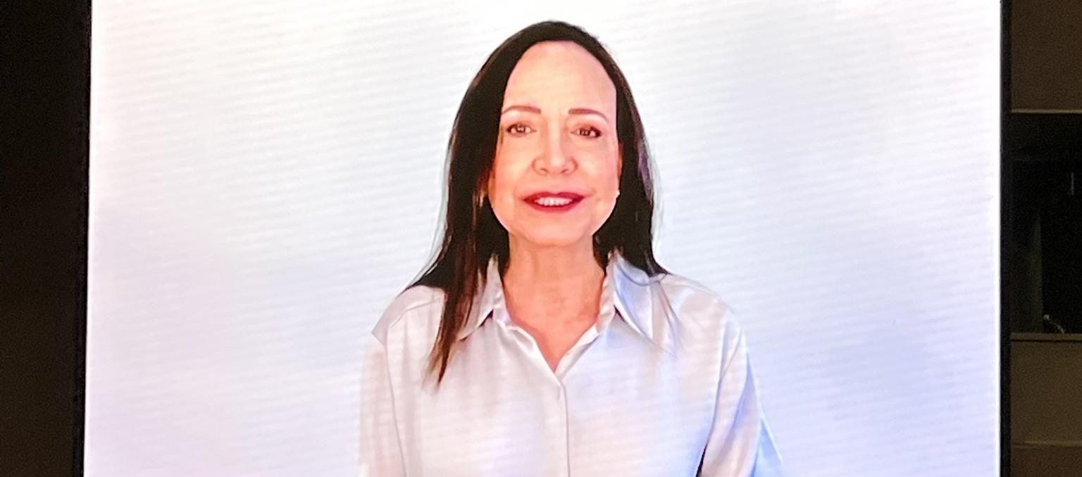 María Corina Machado en intervención virtual en el World Forum for Democracy 2025