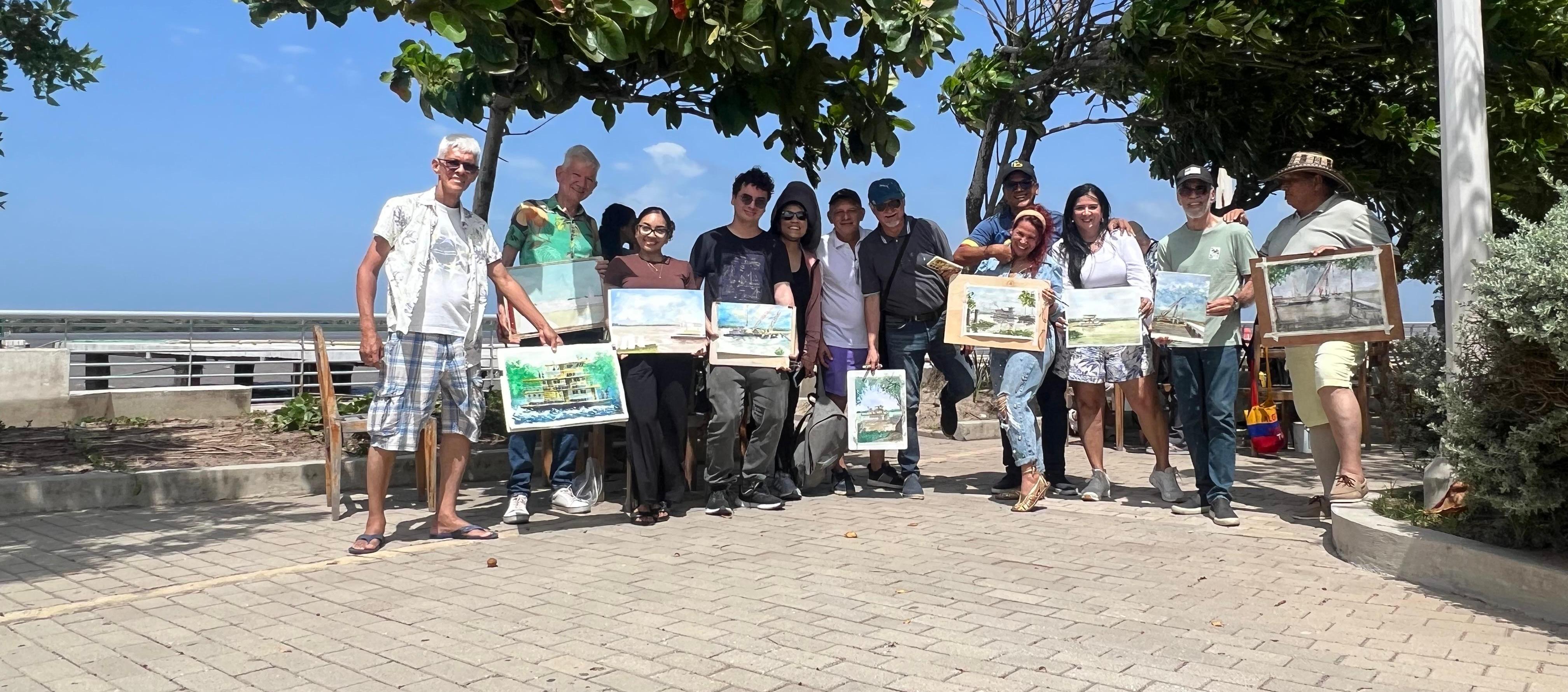 Acuarelistas durante la jornada de trabajo.