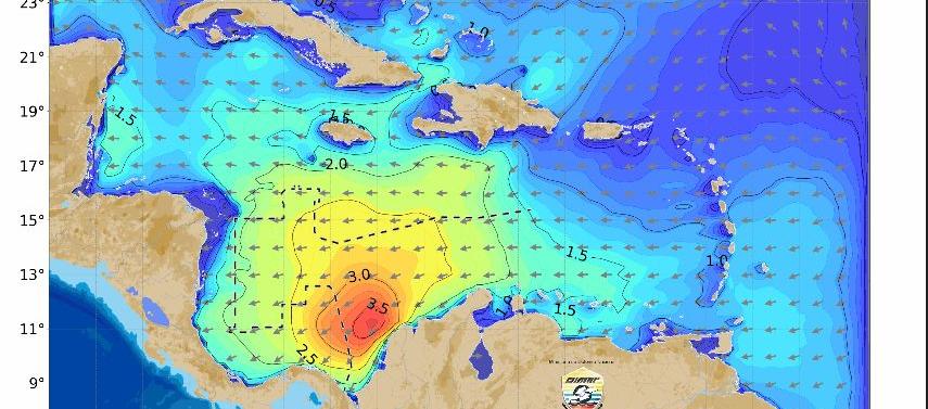Interacción de sistemas atmosféricos en el mar Caribe.