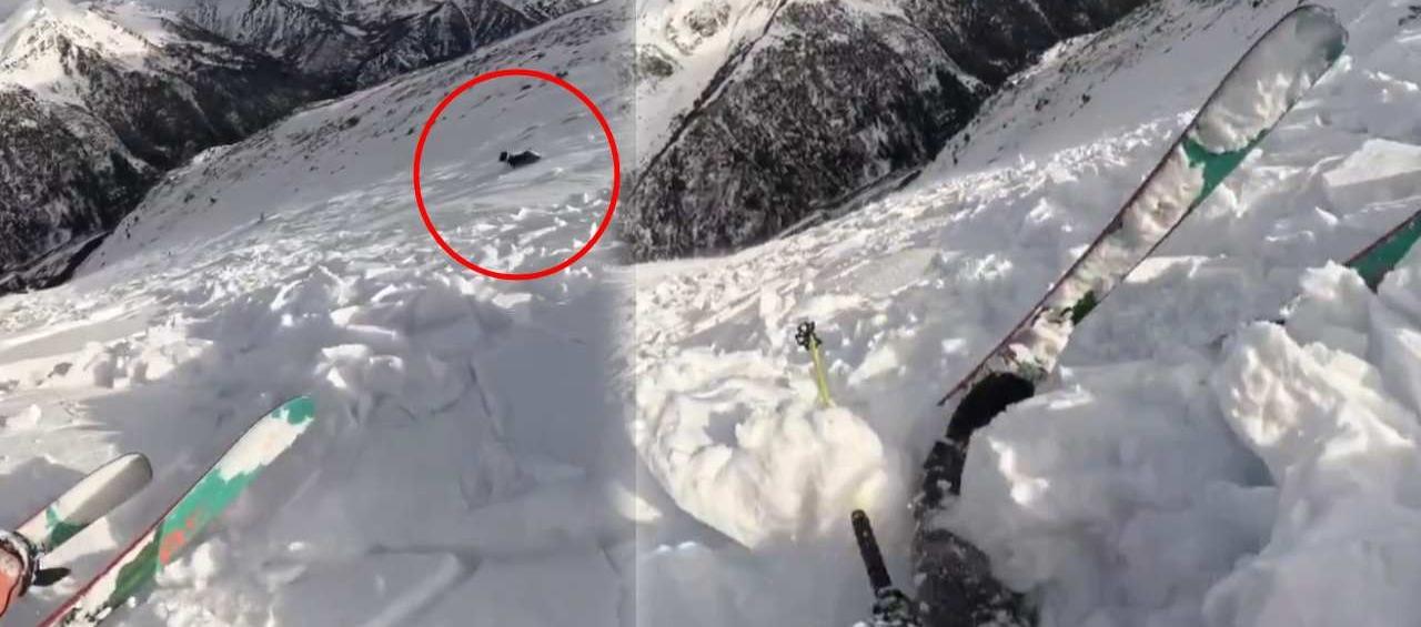 Momento en que la avalancha arrastraba a la mujer y a su mascota. 