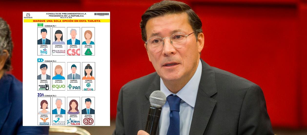 La tarjeta electoral y el registrador Hernán Penagos.