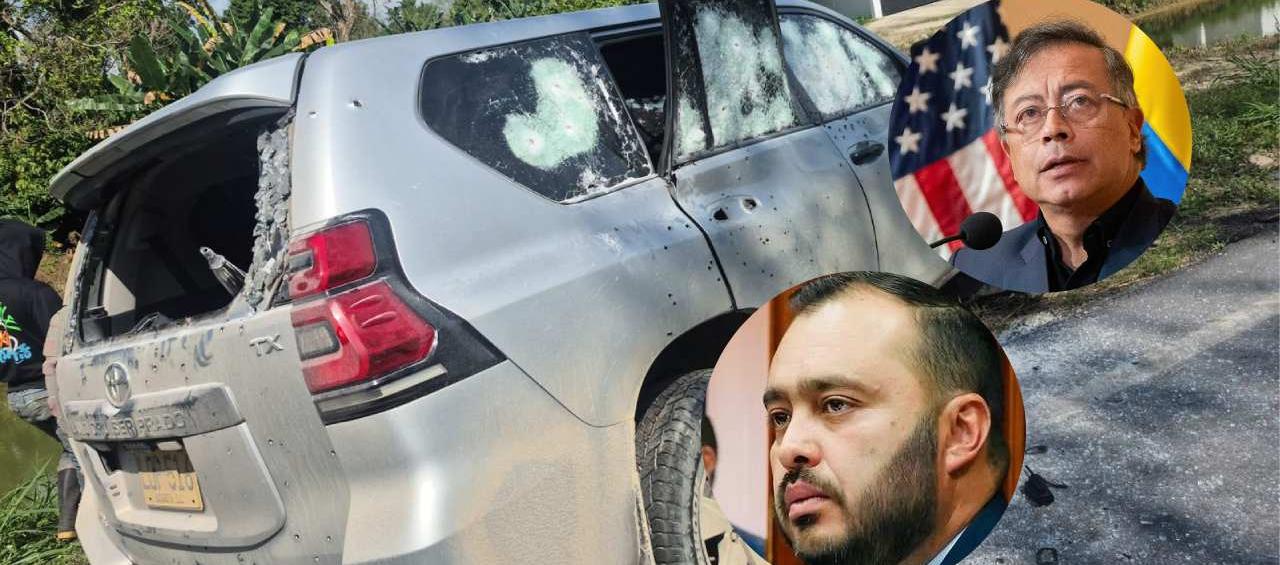 Carro del esquema de seguridad baleado, el Presidente Gustavo Petro y el senador Jairo Castellanos.