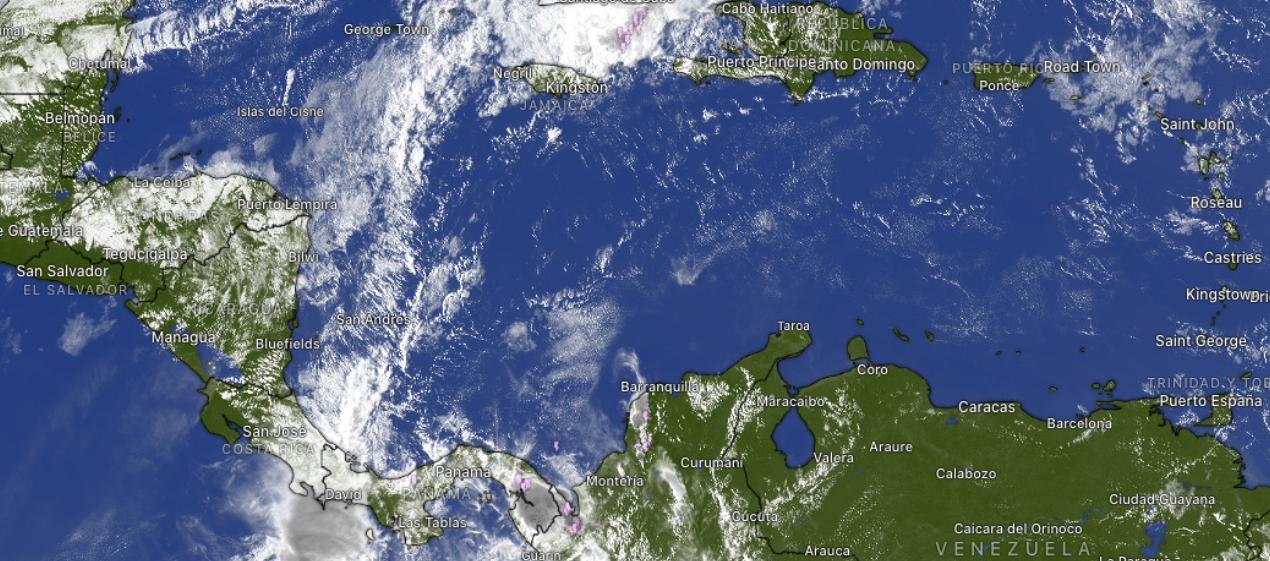 Imagen satelital sobre el avance del frente frío al Mar Caribe. 