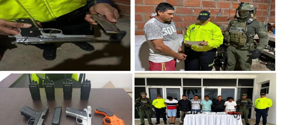 Los capturados y las armas incautadas.