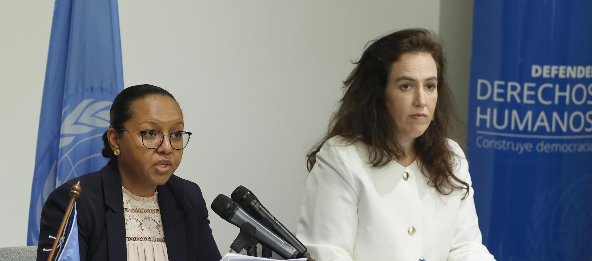 La presidenta del Grupo de trabajo sobre la utilización de mercenarios, Michelle Small (i), y la integrante del grupo Joana de Deus Pereira.