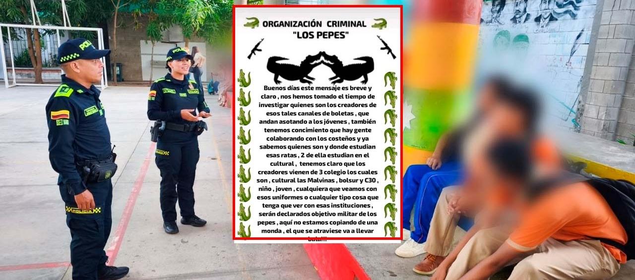 Imagen de una visita de la Policía a uno de los colegios y del panfleto.