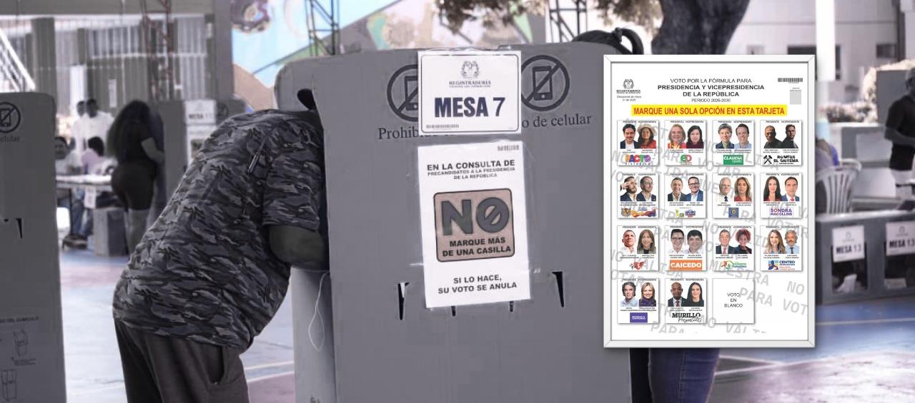 Un ciudadano ejerce su derecho al voto. Tarjeta electoral de presidenciables. 