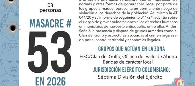 El hecho violento es la masacre número 53 en lo que va del año en Colombia. 
