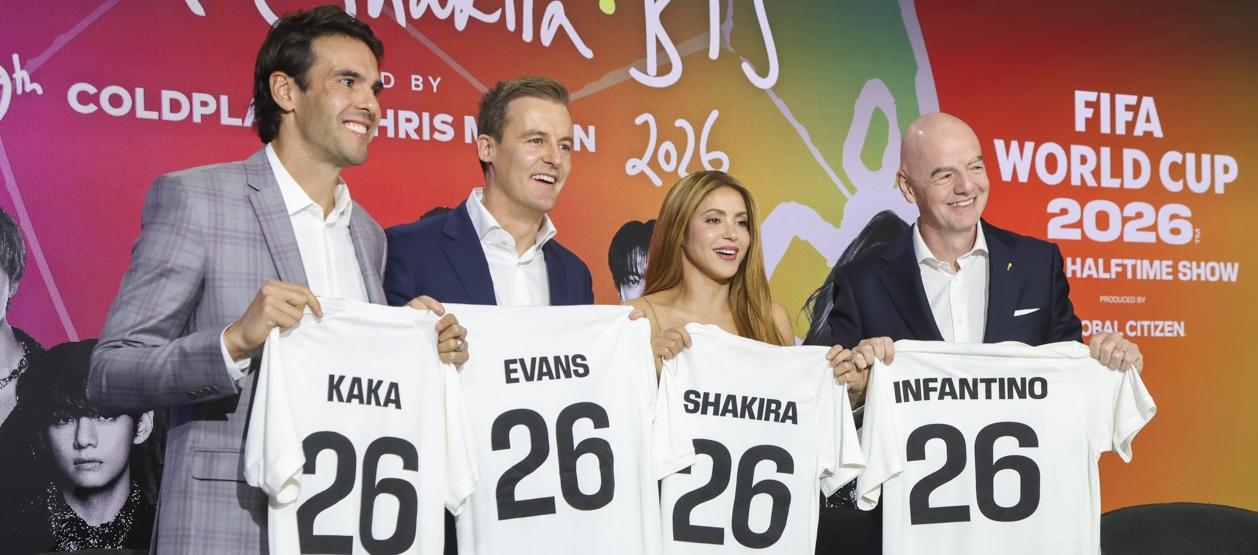 El exfutbolista brasileño Kaka; el CEO y fundador de Global Citizen, Hugh Evans; la cantante barranquillera Shakira y el presidente de la FIFA, Gianni Infantino. 