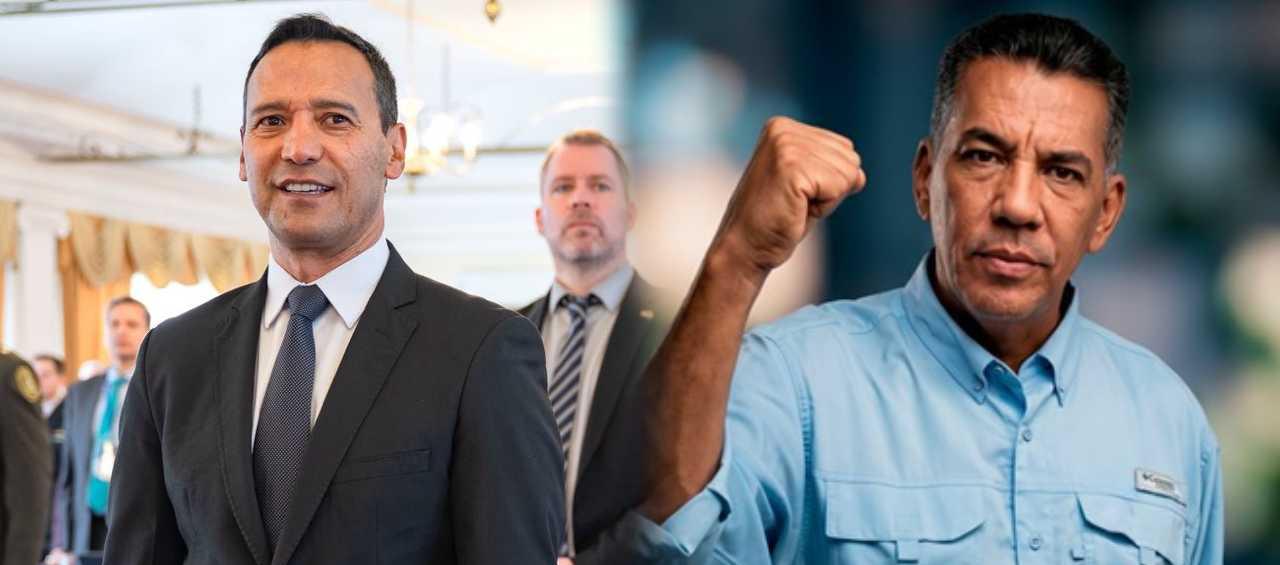 El ministro de Defensa, Pedro Sánchez, y el mayor general retirado Jorge Mora.