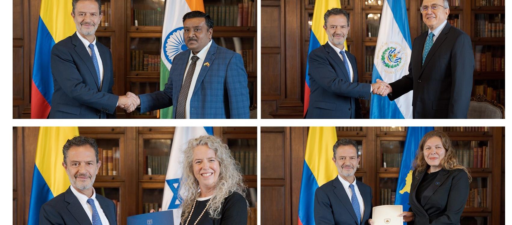El Canciller con los embajadores de India, El Salvador, Israel y Kosovo