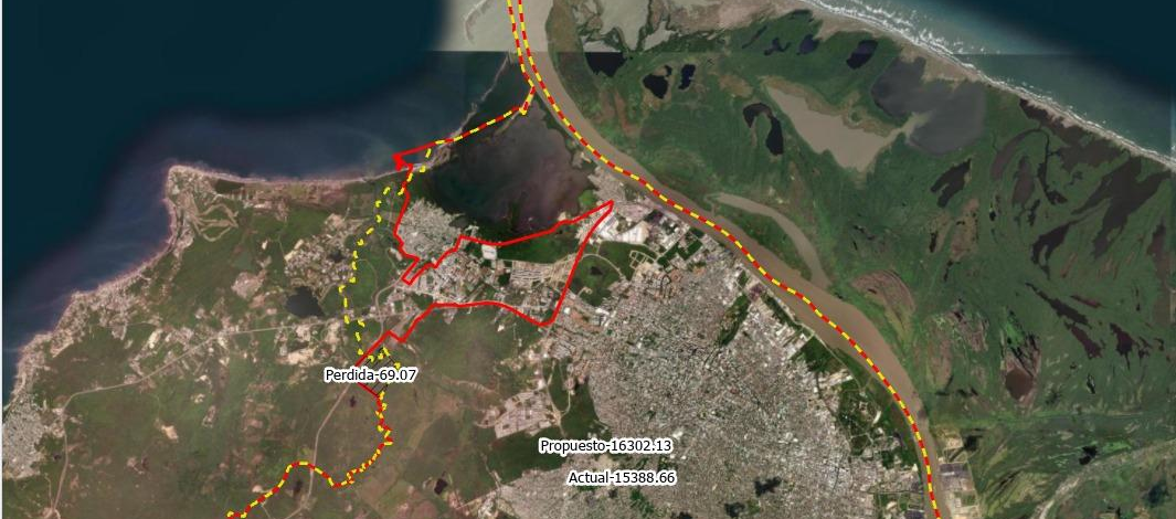 La línea roja correponde a lo propuesto por el Distrito de Barranquilla y la línea amarilla, la de Puerto Colombia.