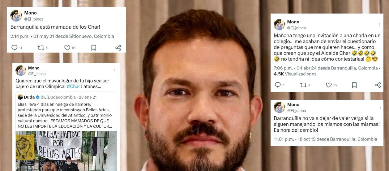 Jhonny Insignares, el recién designado Secretario de Cultura de Barranquilla, y algunos de sus trinos.